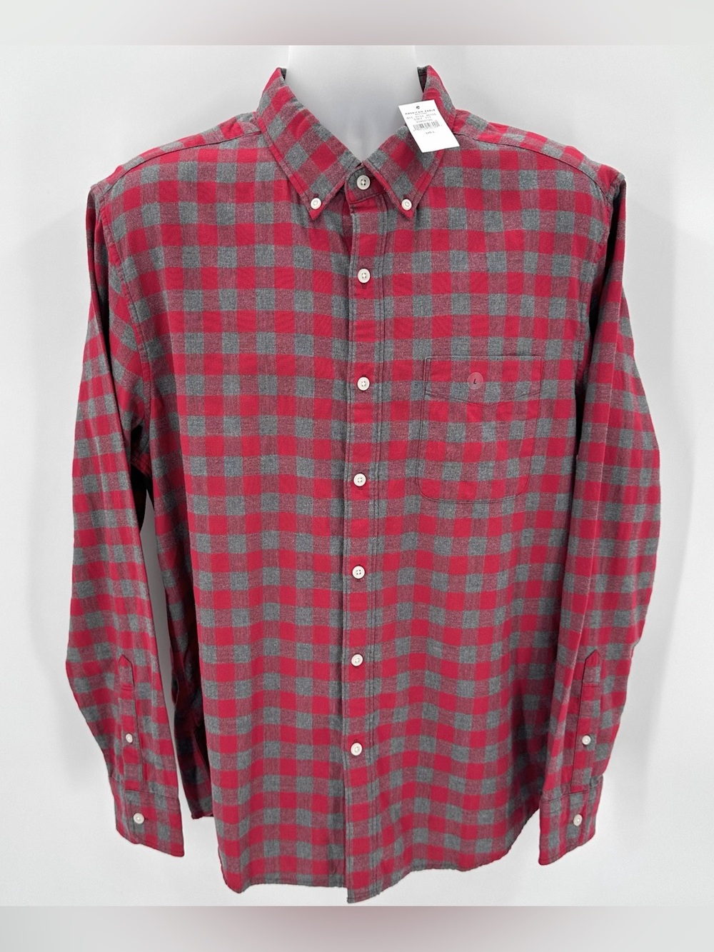American Eagle Shirt Mens L Red Gray Gingham Check Plaid Button Up L/S Cotton